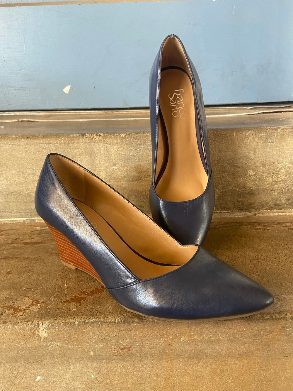Franco Sarto “Frankie” navy blue leather point toe stacked wedge pump